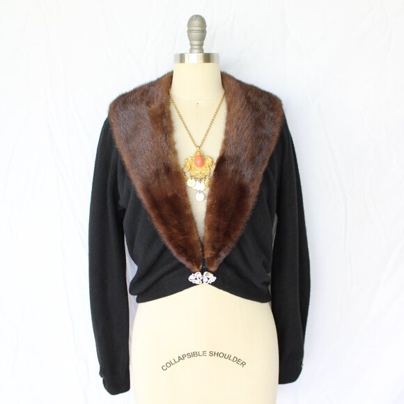 Bernard Altman black Cashmere cardigan brown Mink Collar vintage dress sweater - Picture 4 of 9
